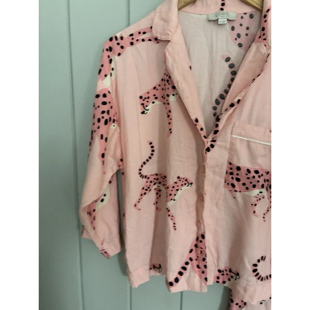 Loft Sleep Pajamas S Small Pink Panther Print 2-Piece Set L/S Collar